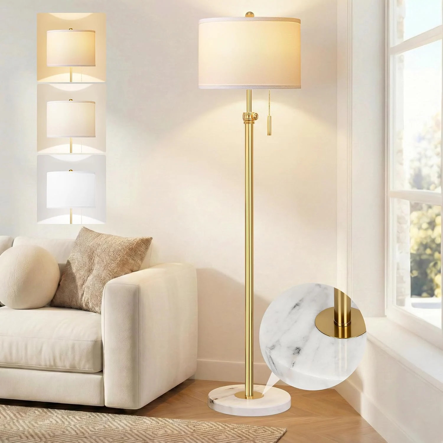 Rottogoon Floor Lamp for Living Room Adjustable Height Standing Lamp with Marble Base 3-Color Tall Lamps with Pull Chain Suitable for Bedroom Reading Office Bulb Included White Shade | Lowe's