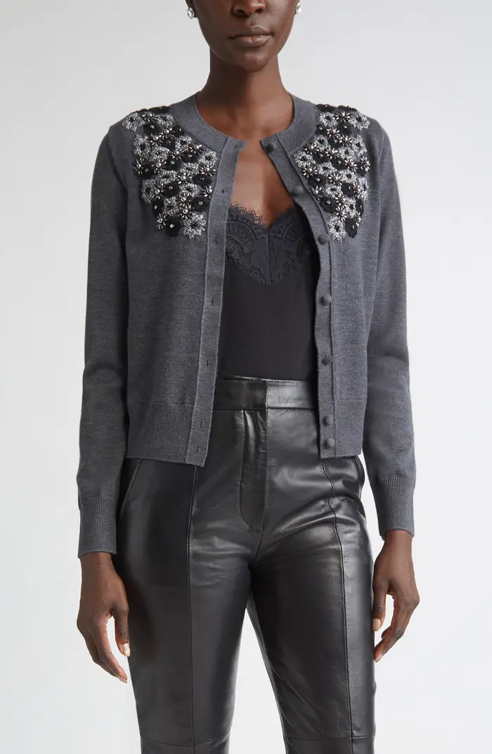 ST. JOHN Floral Embellished Wool & Silk Cardigan | Nordstrom | Nordstrom