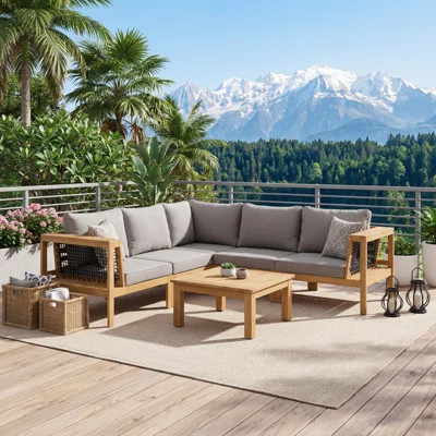 4 Piece Acacia Wood Outdoor Sofa Set Patio Conversation Set, L-Shaped Teak Look with Cushions & Tables | Wayfair North America