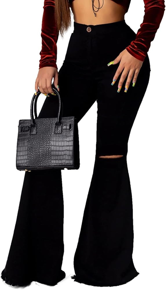 Bell Bottom Jeans for Women High Waisted Ripped Skinny Hole Classic Flare Jean Pants | Amazon (US)