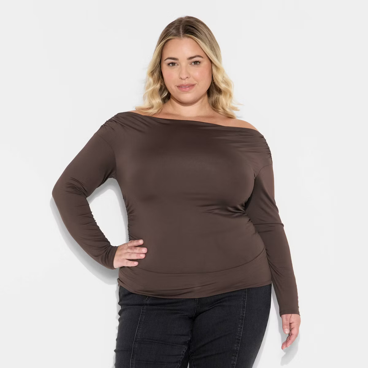 Women's Long Sleeve Synthetic Off the Shoulder Party Top - Wild Fable™ Espresso 3X | Target
