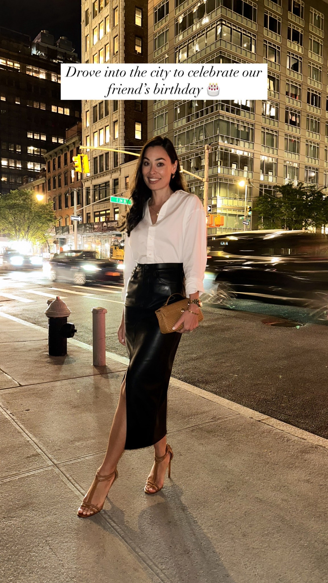 NYC outfit, leather skirt, white button down, date night outfit. 

#LTKSeasonal #LTKShoeCrush #LTKItBag