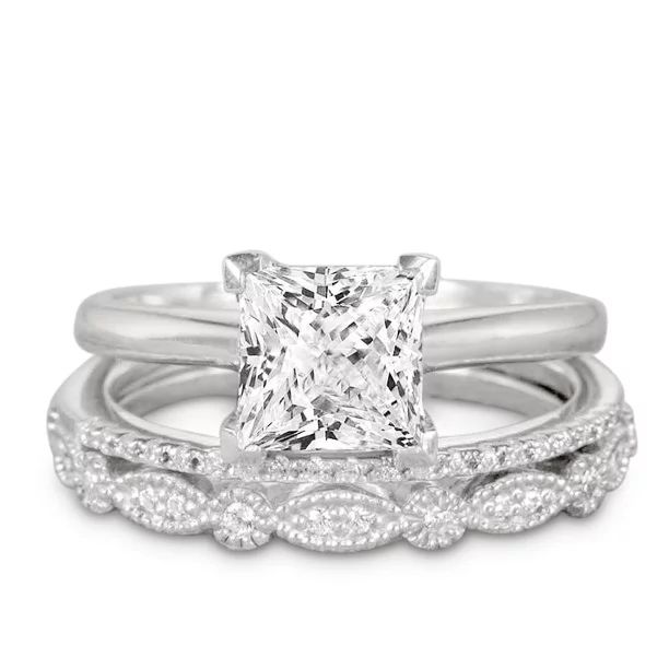 2 Carat Princess Wedding Ring Set - Bridal Set - Wedding Trio Set - Engagement Ring - Art Deco Ri... | Walmart (US)