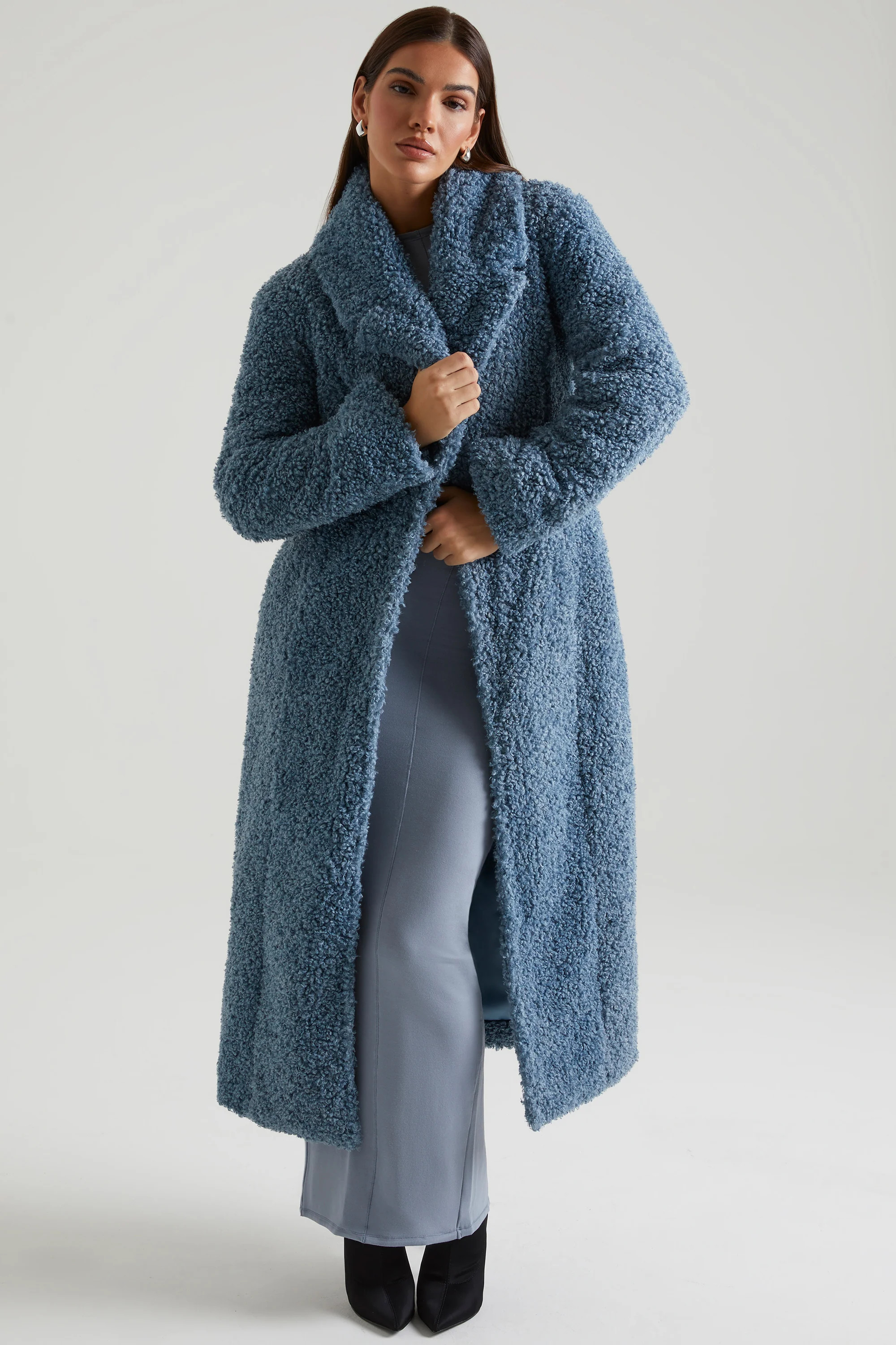 Long Shearling Coat in Blue | Oh Polly