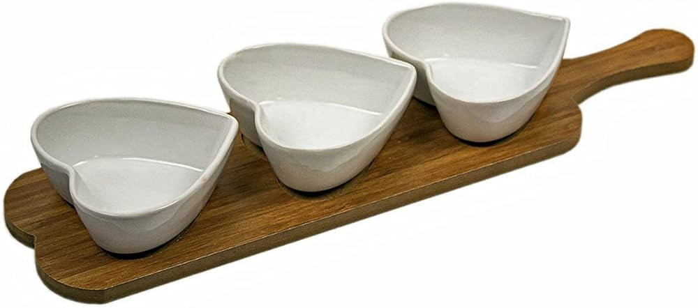 LEMOSE Decorative Heart Shaped Three Comparted White Ceramic Bowls with Wood Tray, Appetizer Serv... | Amazon (US)