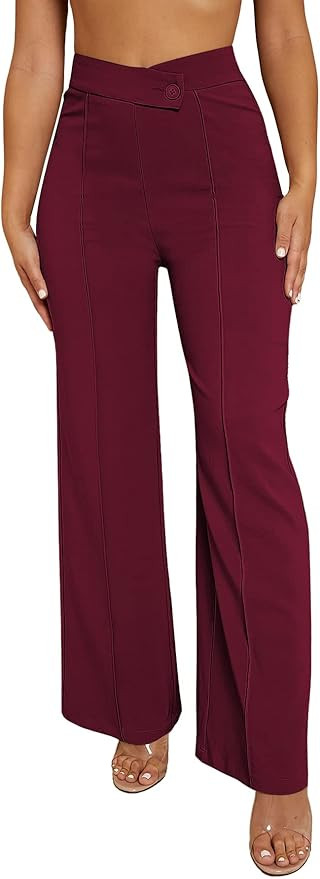 SweatyRocks Women's Overlap Waist Seam Front Palazzo Wide Leg Pants High Waist Long Pant Casual T... | Amazon (US)