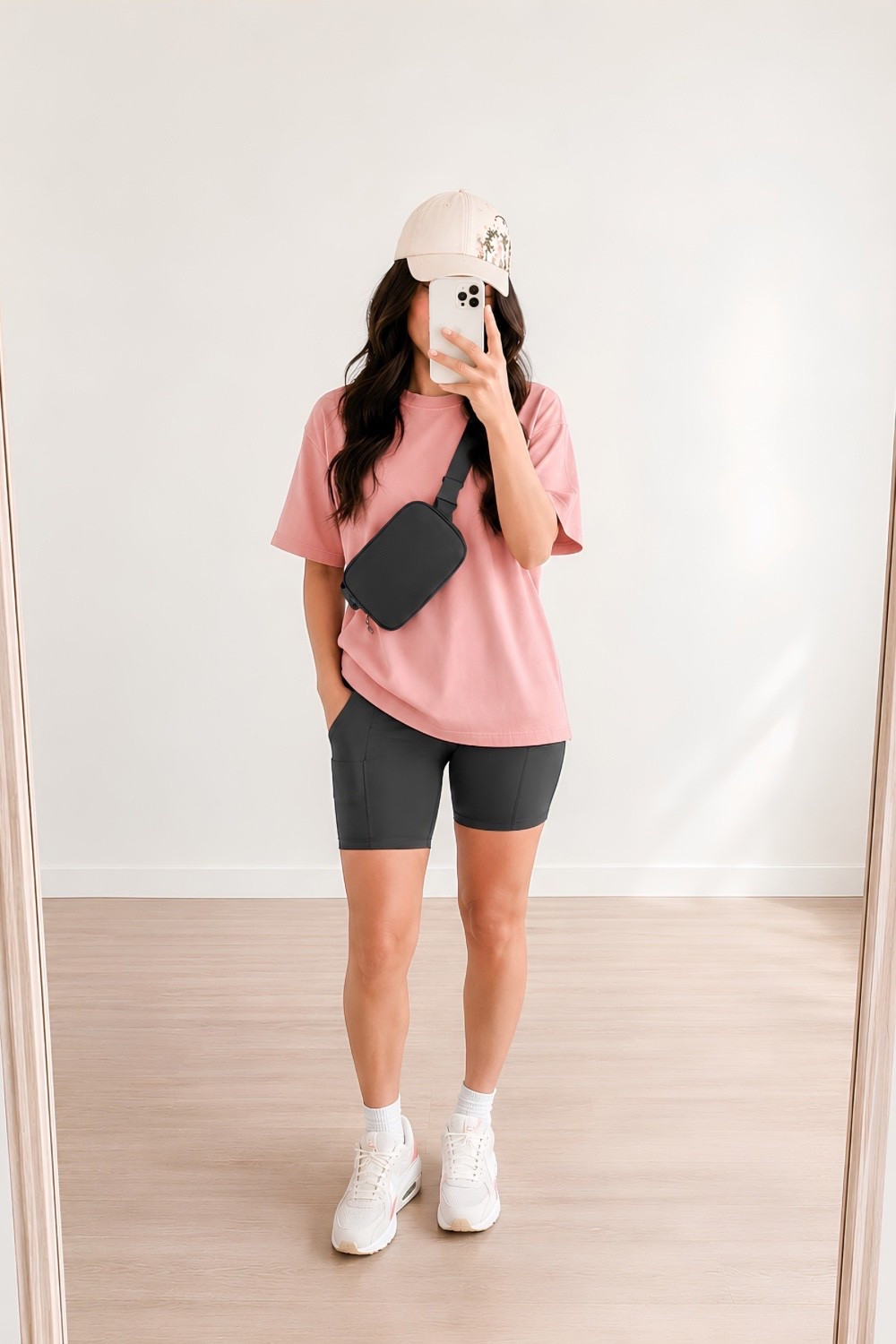 Comfy + cute athleisure outfit: biker shorts, oversized tee, neutral sneakers & crossbody bag. Perfect for errands, mom life & everyday wear 🤍

#LTKmomlife #LTKPetite #LTKootd