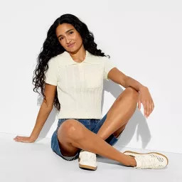 Women's Short Sleeve Cable Polo Pullover Sweater - Wild Fable\u2122 Cream XXS | Target