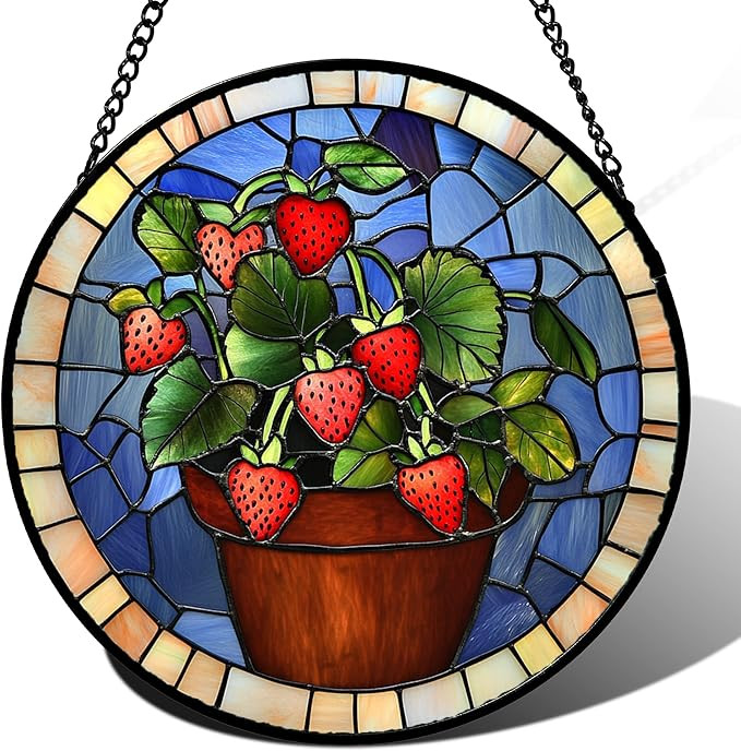 Stained Glass Window Hanging Red Strawberry Potted Plants 7.8" - Suncatcher Door Garden Sun Catch... | Amazon (US)