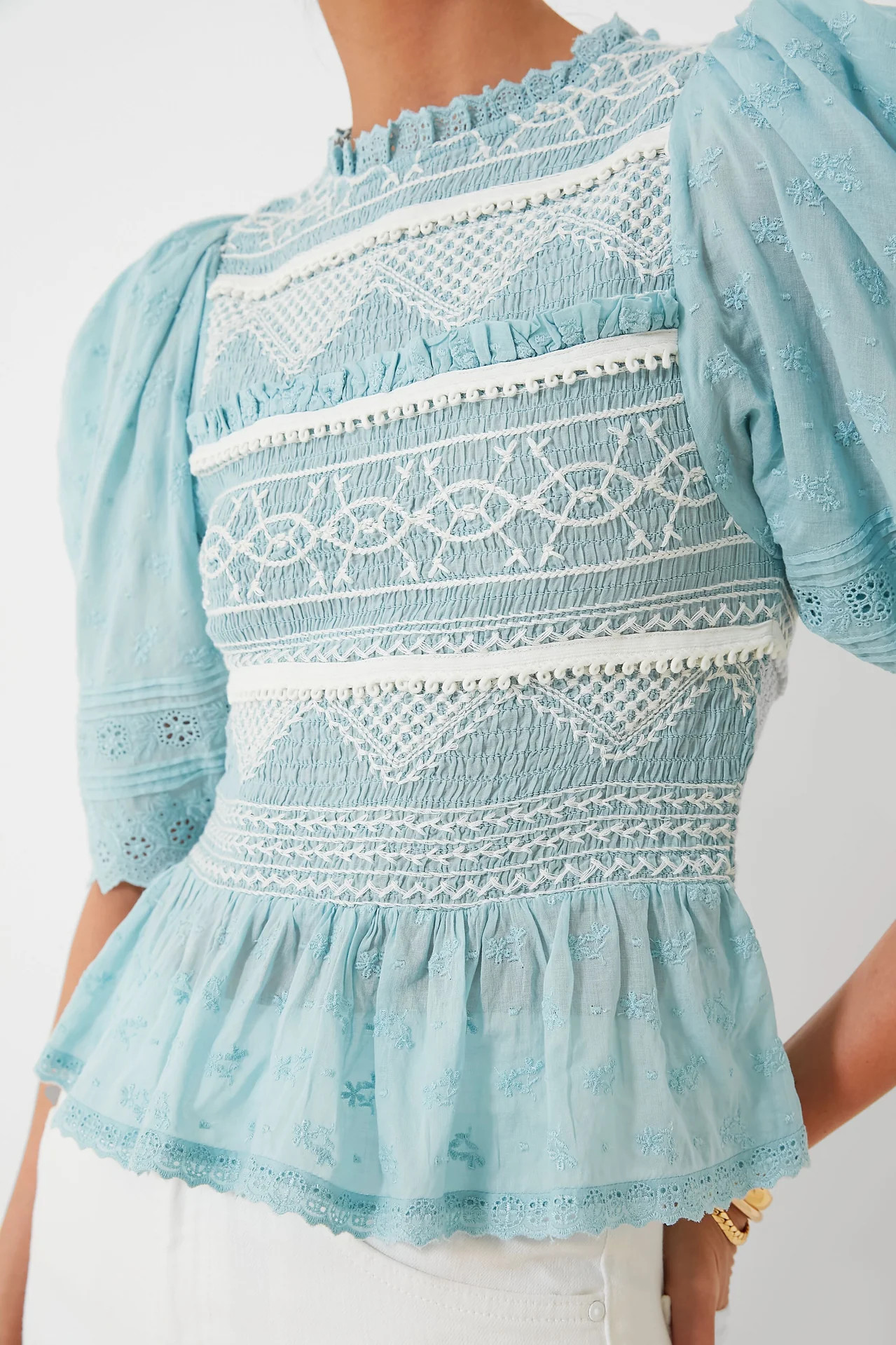 Blue Olga Hand Smocking Puff Sleeve Top | Tuckernuck (US)