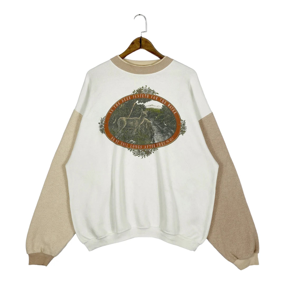 Vintage 90s Deer Sweatshirt Crewneck Big Logo Beige Brown Miller Gold Made in USA Pullover Jumper... | Etsy (US)