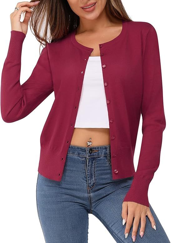 Newshows Women's Solid Button Down Long Sleeve Classic Crew Neck Knit Cardigan Sweater | Amazon (US)