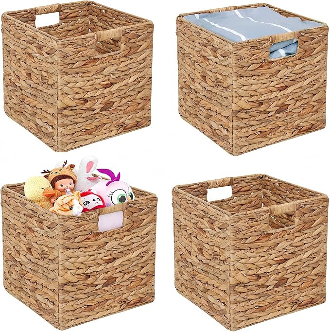 11x11in Storage Baskets 4 Pcs Square Baskets for Cube Shelf,Foldable Handwoven Water Hyacinth Sto... | Amazon (US)