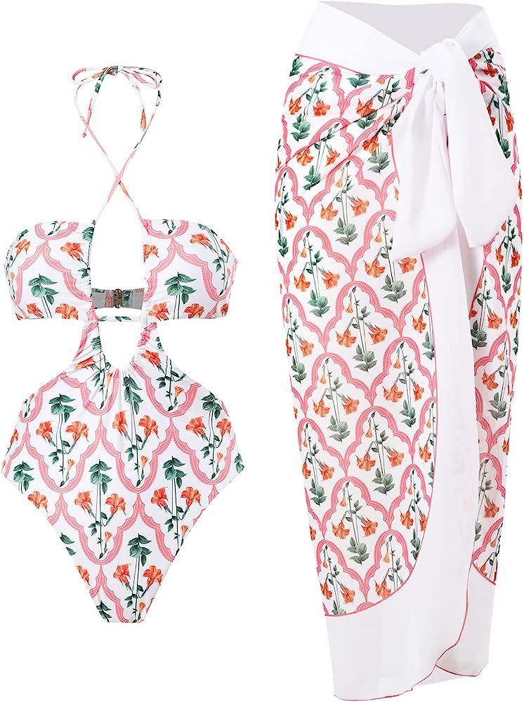 Women One Piece Swimsuit with Matching Cover Ups Floral Sexy Bikini Sets High Cut Push Up Two Pie... | Amazon (US)