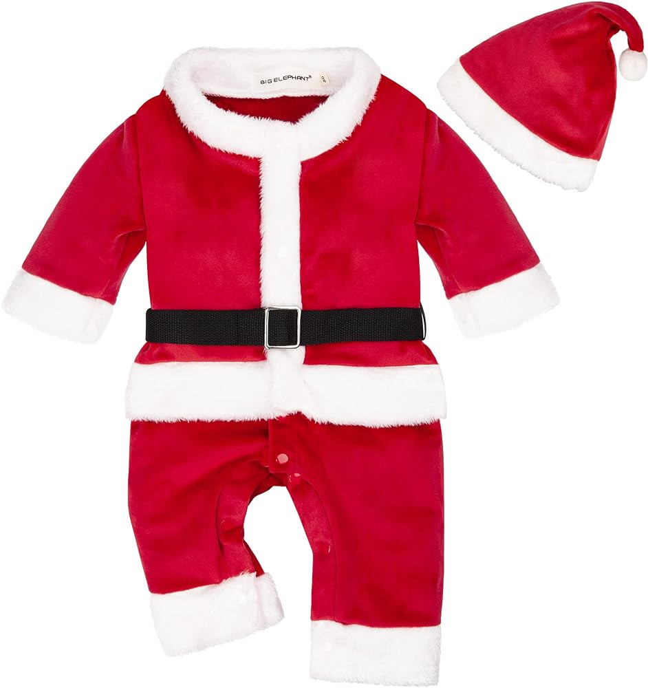 BIG ELEPHANT Unisex Baby 1 Piece Warm Christmas Long Sleeve Romper Pajama with Hat | Amazon (US)