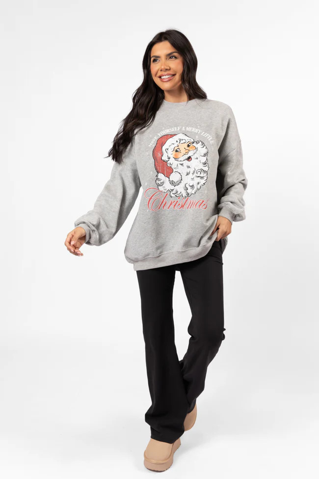 Santa Merry Little Christmas Light Grey Oversized Graphic Sweatshirt DOORBUSTER | Pink Lily