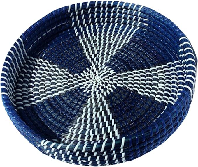 Blue and White Round Decorative Handwoven Seagrass Serving Tray | Amazon (US)