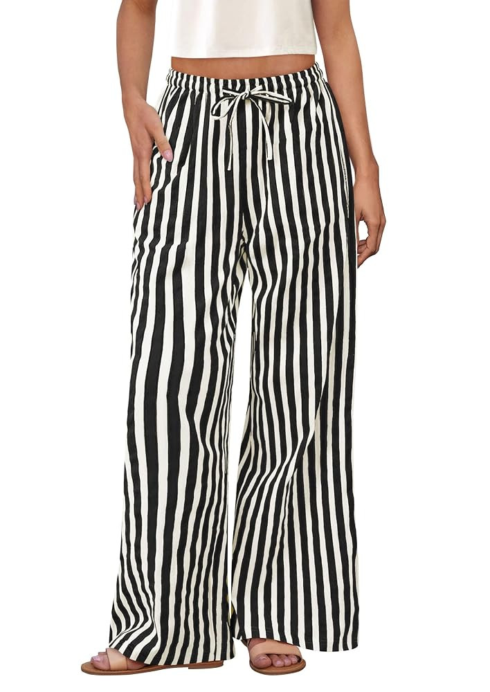 PRETTYGARDEN Women's Wide Leg Lounge Pants 2025 Summer Drawstring Elastic Waist Comfy Striped Paj... | Amazon (US)