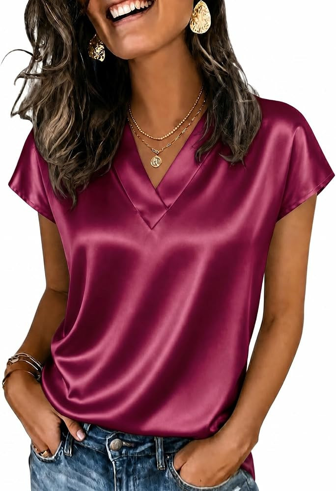 Cicy Bell Womens Satin Cap Short Sleeve Blouses Casual V Neck Tops Summer Dressy Business Work Si... | Amazon (US)