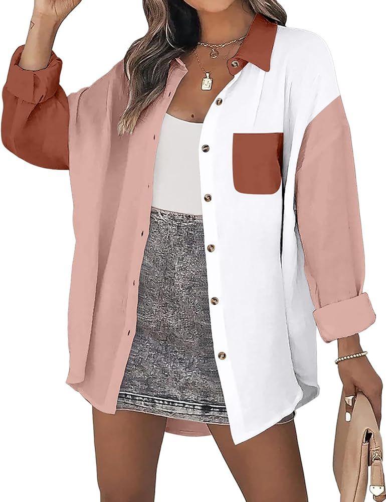 Zeagoo Womens Color Block Button Down Shirts Long Sleeve Linen Shirt Oversized Cotton Blouses Top... | Amazon (US)