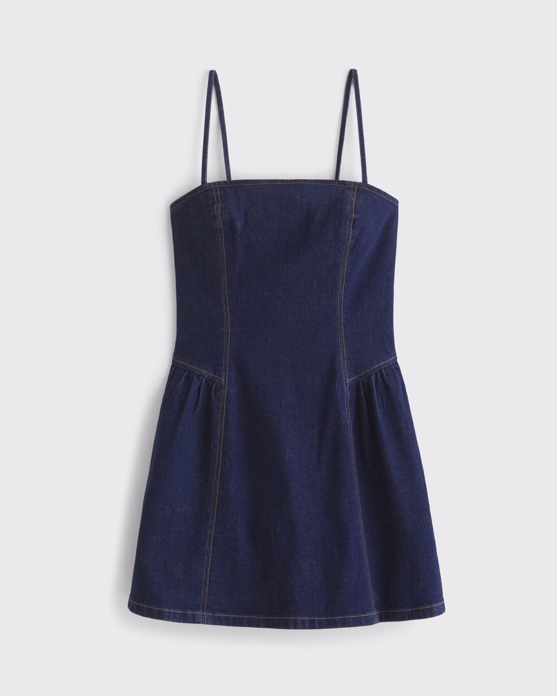 Abercrombie & Fitch Women's Dipped-Waist Denim Crossback Mini Dress in Dark Wash - Size XXS PETITE | Abercrombie & Fitch (US)