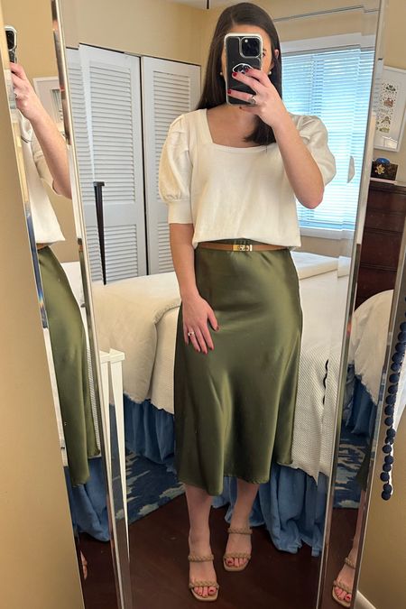 Green Amazon slip skirt, amazon white square neck short sleeve sweater, braided block heels, amazon belt. Slip skirt outfit ideas  

#LTKfindsunder50 #LTKfindsunder100