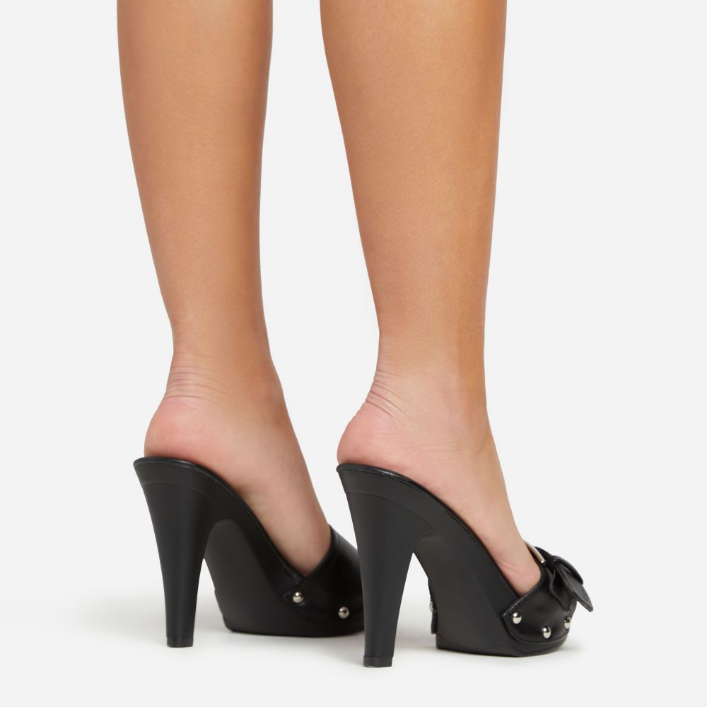 Alaina Buckle Stud Detail Open Toe Block Heel Mule In Black Faux Leather | EGO Shoes (US & Canada)
