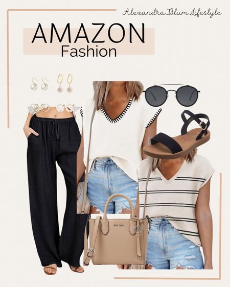 Amazon fashion finds! Amazon trends! Casual outfit idea! Summer outfit idea! Travel outfits! Sweater tank top, cropped ripped hem jeans, beige purse, black strap sandals, black sunglasses, and cute huggie earrings! 

#LTKStyleTip #LTKOver40 #LTKMidsize