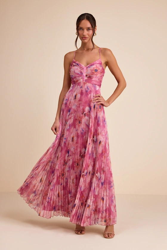 Whitley Pink Floral Pleated Sleeveless Maxi Dress | Lulus