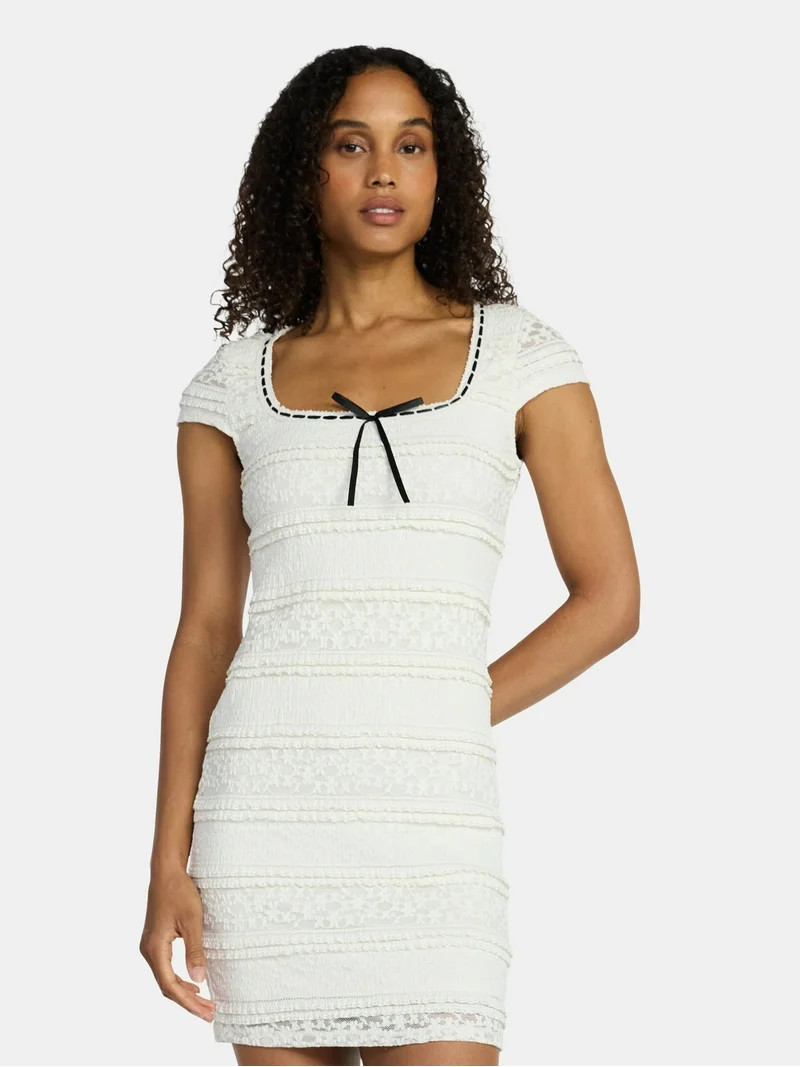 Madden NYC Women’s Texture Lace Mini Dress with Short Sleeves, Sizes XXS-XXL | Walmart (US)