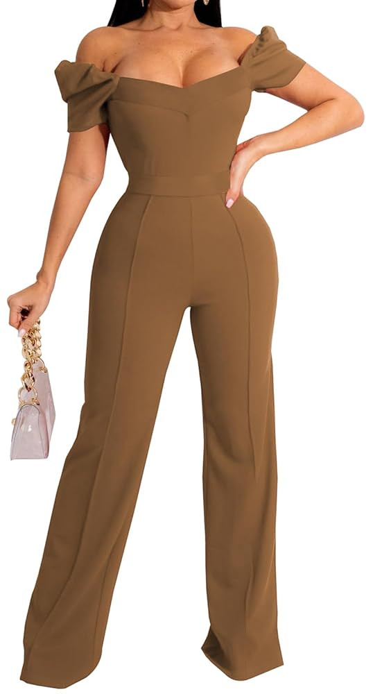 Women's Elegant Sexy Off Shoulder Short Sleeve Wide Leg Pants Long Pant Onesie Clubwear Party Dre... | Amazon (US)