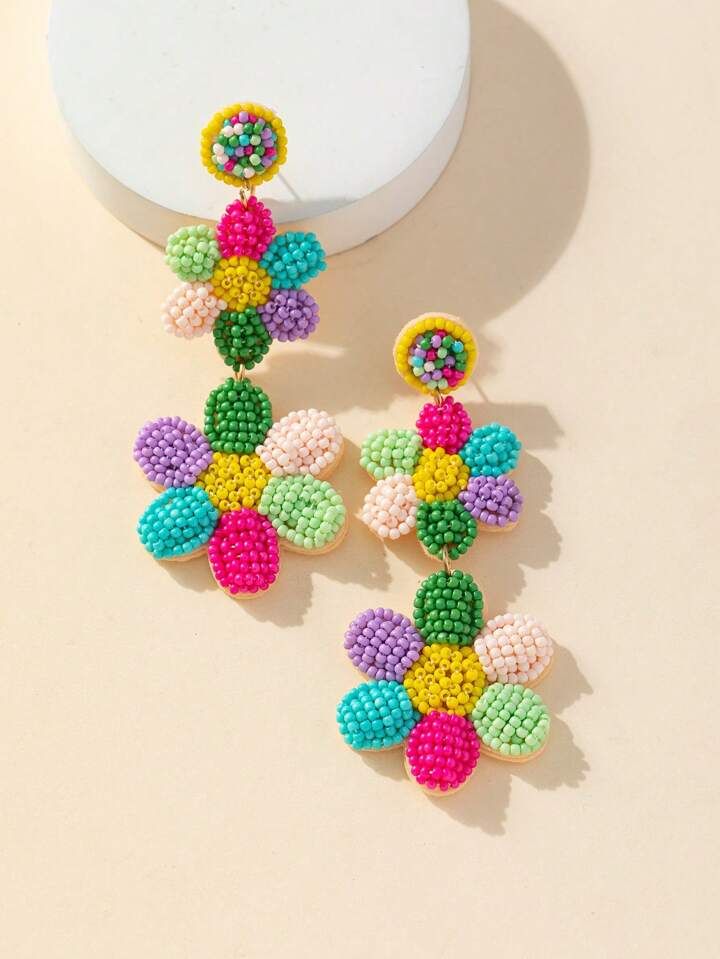 1pair New Arrival Bohemia Style Handmade 3d Two-Flower Bead Drop Earrings | SHEIN