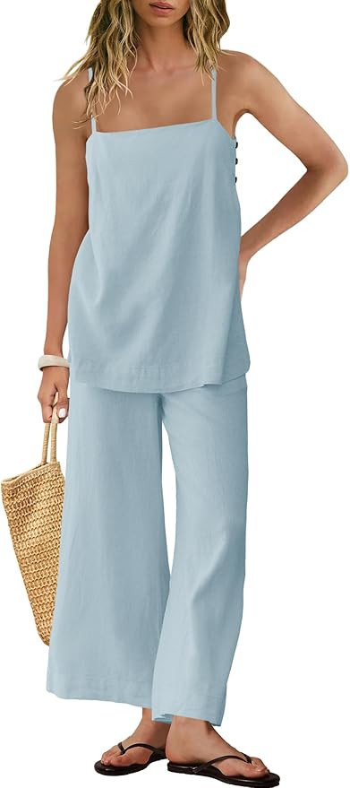 Panadila 2 Piece Linen Set Summer Travel Beach Vacation Outfit Sexy Spaghetti Strap Tank Top and ... | Amazon (US)