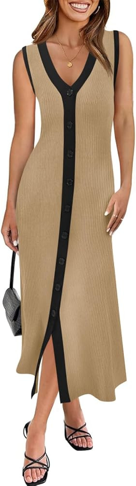 Saodimallsu Womens Summer Button Down Sweater Dresses Sleeveless V Neck Casual Ribbed Knit Color ... | Amazon (US)