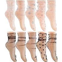 10 Pairs Mesh Lace Sheer Shiny Socks Decorated Slouch Ankle Mesh Socks See Through Glitter Tulle Soc | Amazon (US)