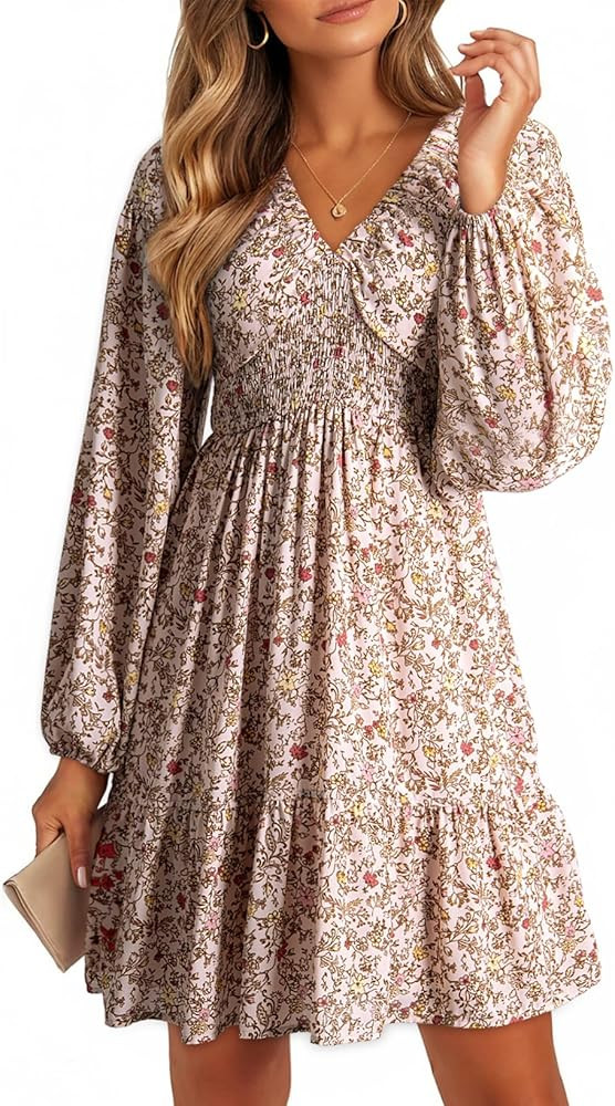 Dokotoo Fall Dresses for Women 2025 Boho Floral V Neck Long Sleeve Smocked Elastic Waist Casual A... | Amazon (US)