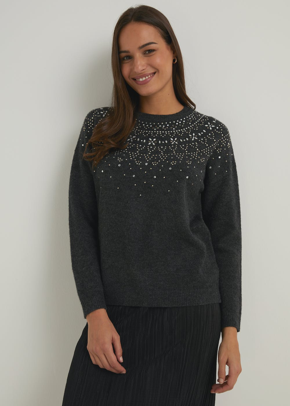 Charcoal Jewel & Stud Yoke Jumper – Grey | Matalan (UK)