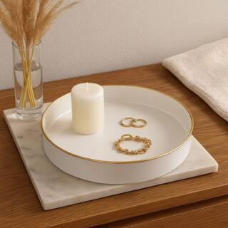 10.2 in. W x 1.6 in. H x 10.2 in. D Round Glossy White Plastic Serving Tray with Gold Accented Tr... | The Home Depot