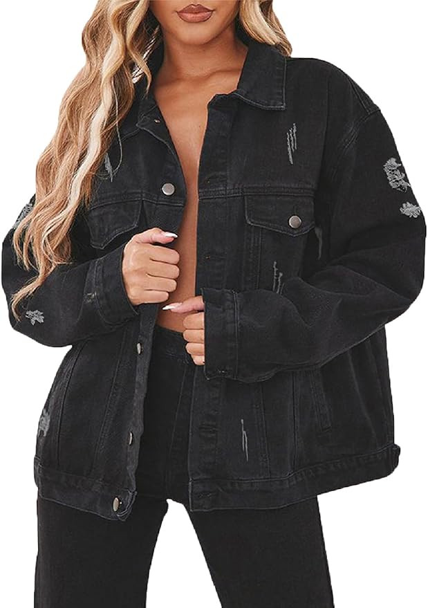 DvaeMalligo Women's Oversized Denim Jacket Casual Long Sleeve Button Down Distressed Trucker Jean... | Amazon (US)
