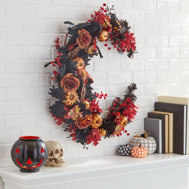 Way to Celebrate Halloween Roses and Harvest Leaves Moon Wreath, 28 Inches, Red - Walmart.com | Walmart (US)
