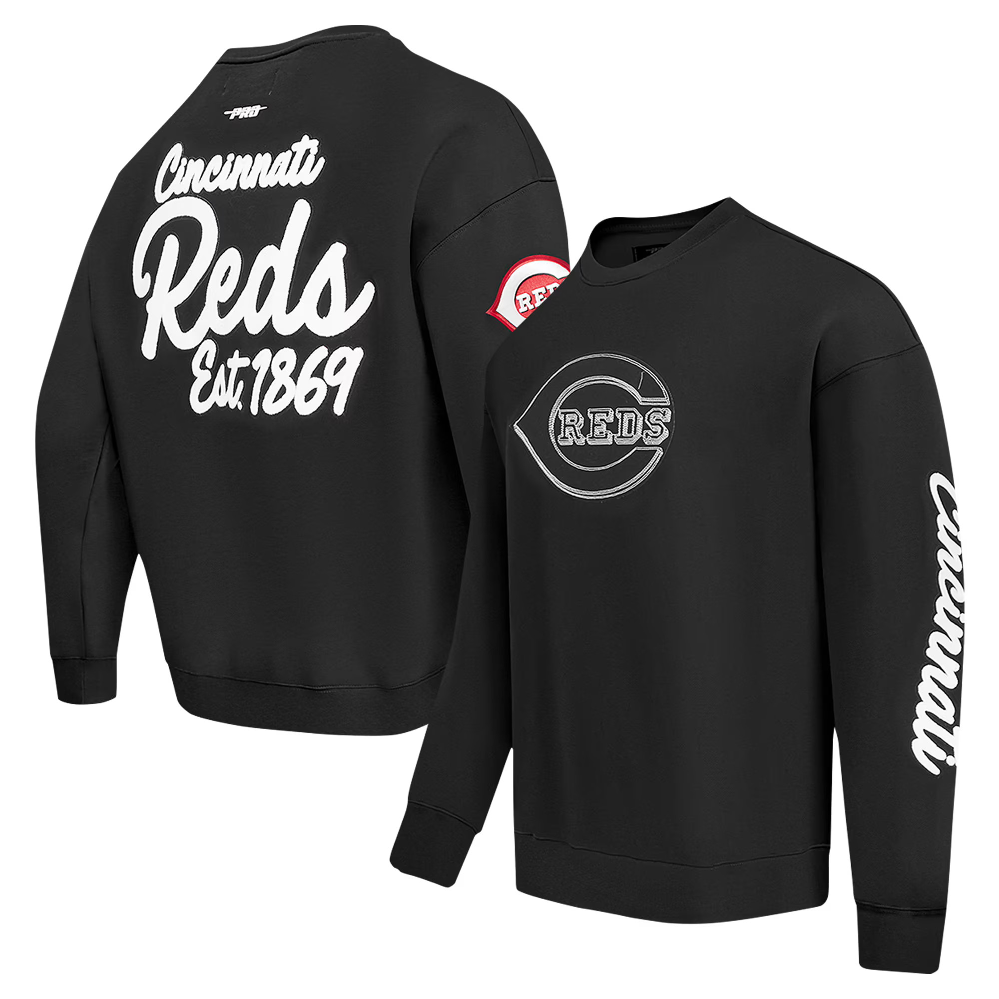 Men's Cincinnati Reds Pro Standard Black Paint The City Dropped Shoulder Pullover Sweatshirt | MLB Shop