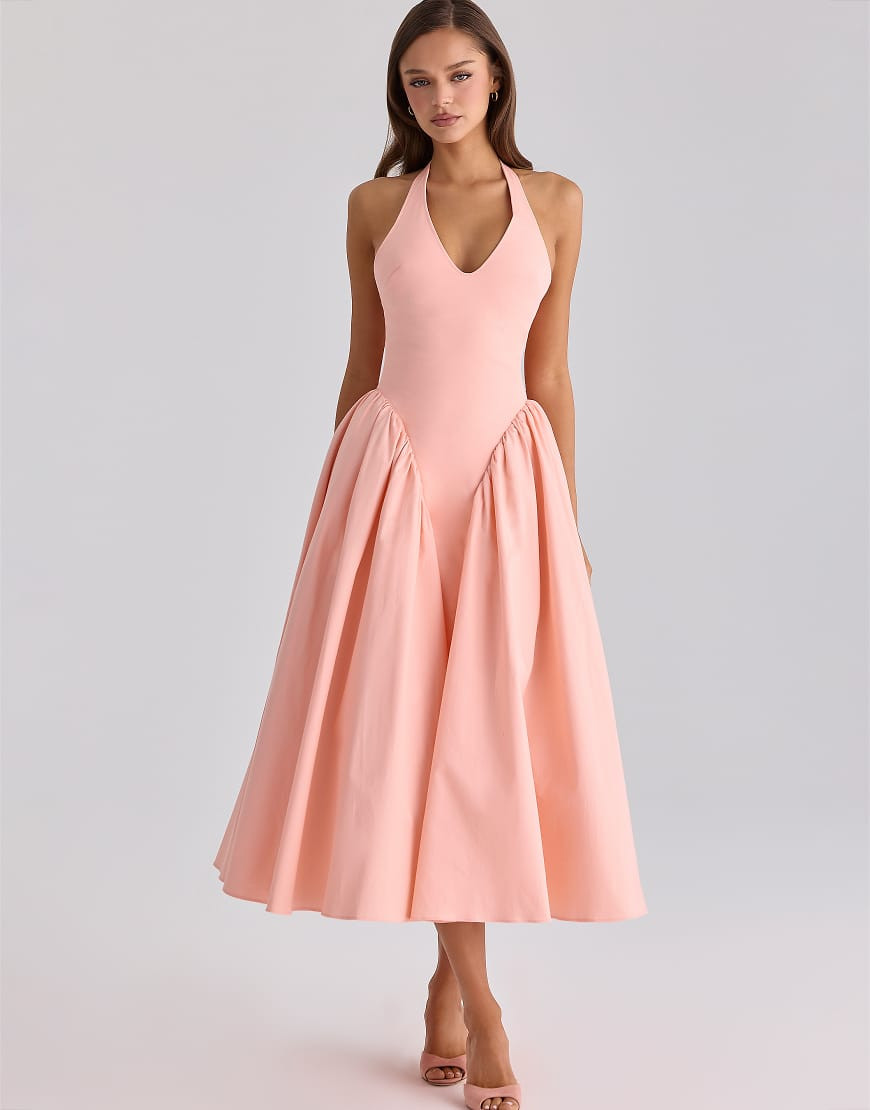 House of CB Marilyn peach cotton halter neck midi sundress in peach-Orange | ASOS (Global)