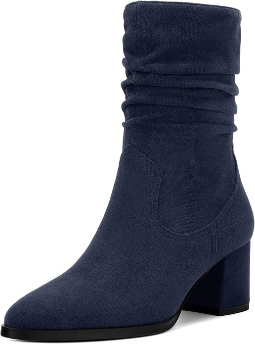 Women's Mid Calf Boots, Chunky Heel Pleated Calf Boots for Women, Fashion Pointed Toe Side Zipper... | Amazon (US)