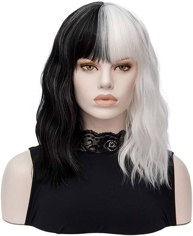 QACCF Short Wavy Shoulder Length Women Full Bang Heat Resistant Wig (Black and White) | Amazon (US)