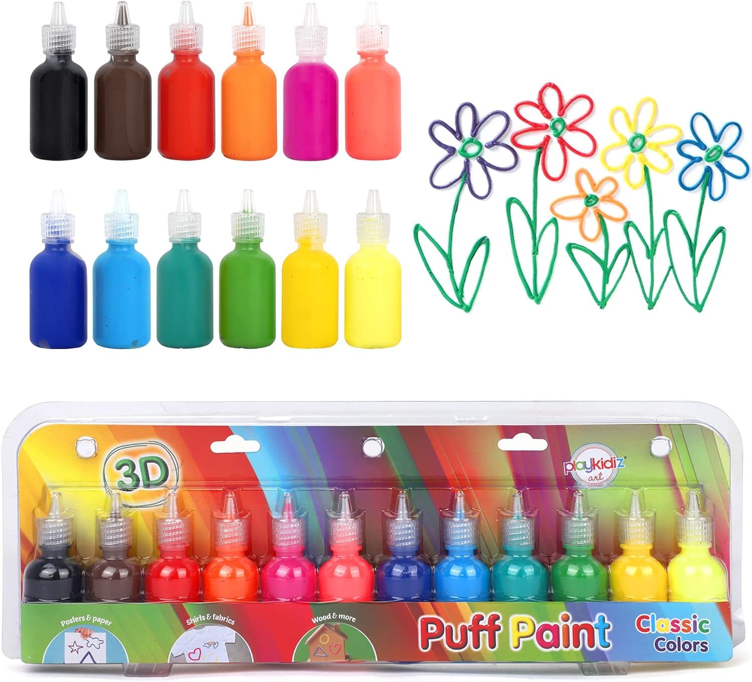 Playkidiz Puff Paint, 12 Pack 3-D Fabric Paint, Classic Colors, Non-toxic Paint Set for Kids, Age... | Amazon (US)