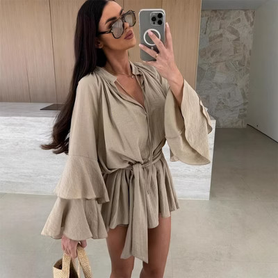 Women Long Ruffle Bell Sleeve Shirt Dress Waistband Minidress, Khaki, L | Target