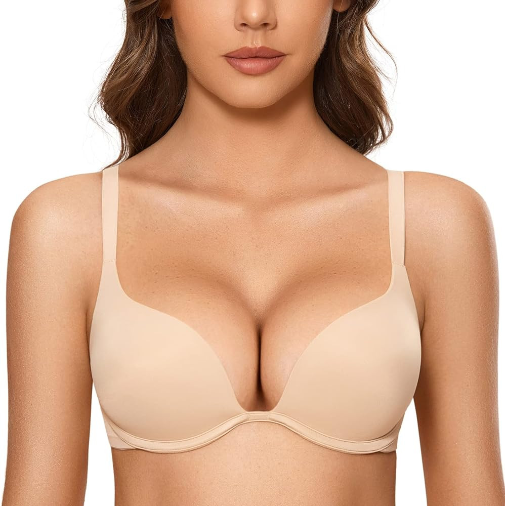DOBREVA Women's Push Up Bra Plunge Deep V T Shirt Bras Padded Underwire Add One Cup | Amazon (US)