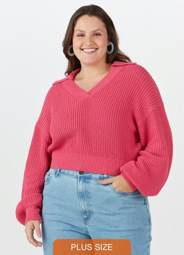 Malwee Plus - Blusão de Tricô Plus Size Gola V Feminino Rosa | Posthaus (BR)