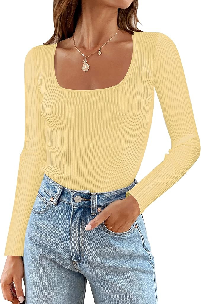 MEROKEETY Women's 2023 Square Neck Long Sleeve T Shirts Slim Fitted Ribbed Knit Casual Tee Tops | Amazon (US)