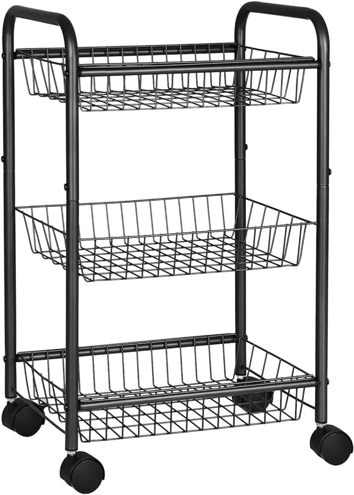 SONGMICS 3-Tier Metal Rolling Cart on Wheels with Baskets, Lockable Utility Trolley with Handles ... | Amazon (US)